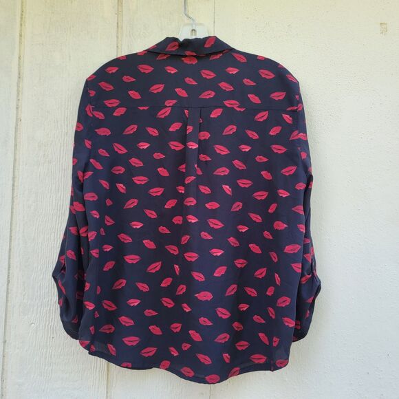 Joie  Booker Kiss Red Lips Black Adjustable Long Sleeve Blouse Wms Sz L - Picture 3 of 4